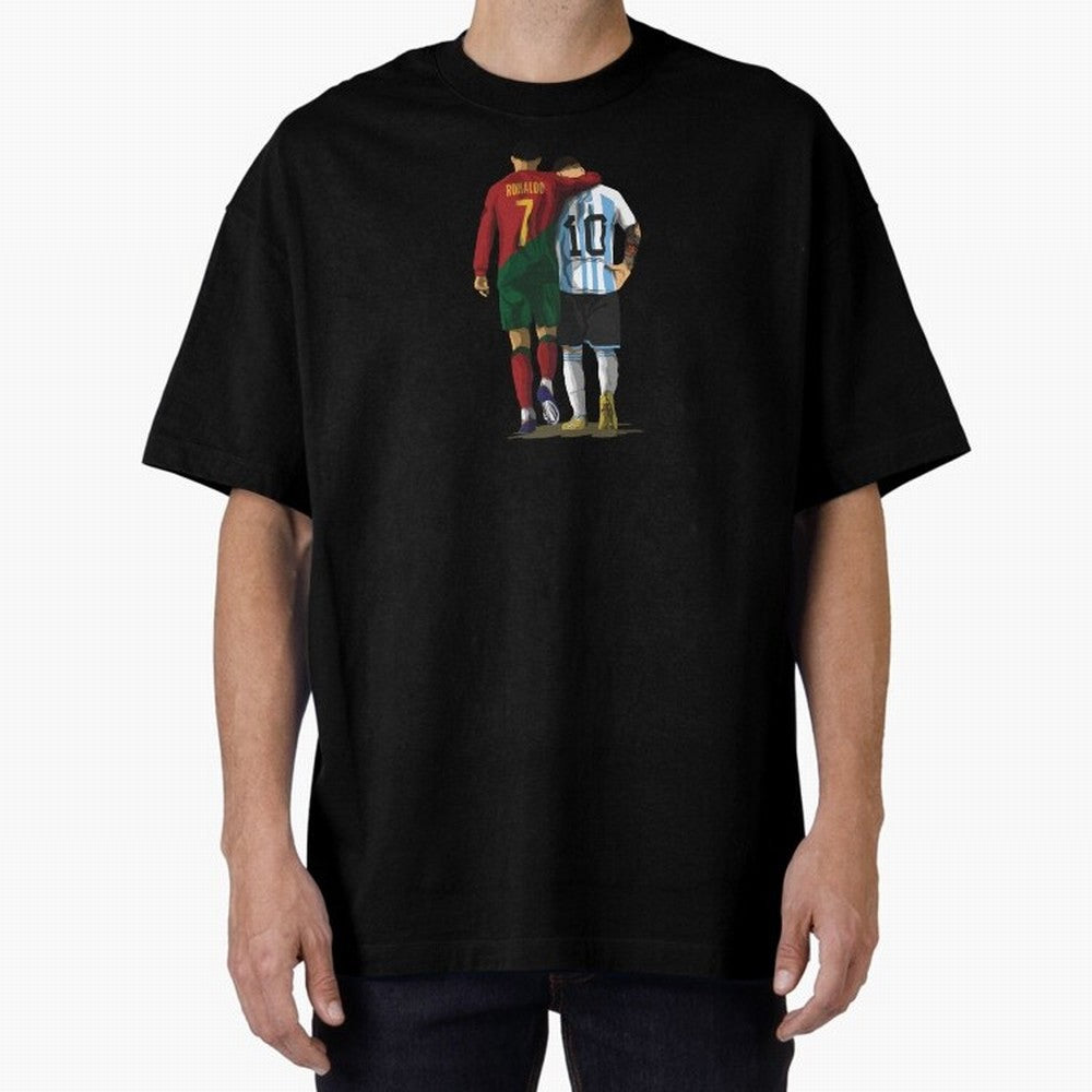 Messi Ronaldo Chit Chat Illustration Oversized T-Shirt Relive Global Football Passion for FIFA World Cup 2026 Group Stage, Made for Neymar, Haaland and Cristiano Ronaldo, England and Germany, Game Day Rituals, Football Legends, Country Pride and