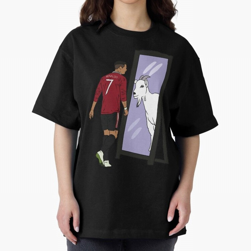 Cristiano Ronaldo Mirror GOAT Oversized T-Shirt Capture Stadium Memories from FIFA World Cup 2026 Inspired by CR7 and Messi, Argentina and Brazil Energy, Championship Spirit, Famous Goals, Roaring Crowds and International Football Unity; Perfect