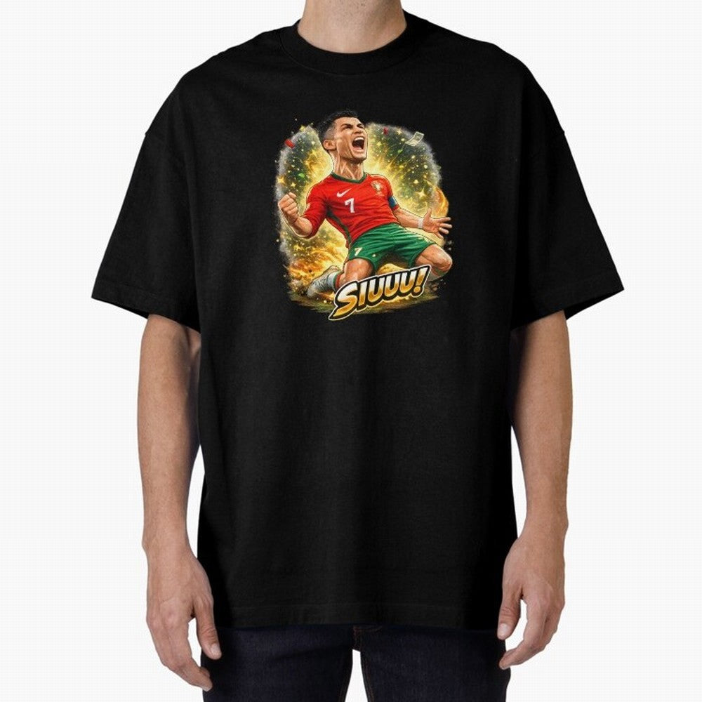 CR7 SIUUU Celebration Cartoon ¨C Legendary Football Goal Celebration Oversized T-Shirt Embrace Global Football Passion for FIFA World Cup 2026, Capturing Mbappe and Neymar, Brazil, Portugal and Argentina, Retro Football Energy, Iconic Rivalries,