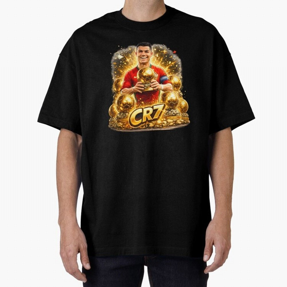 CR7 Five Ballon d'Or Trophies Cartoon ¨C Football Legend Illustration Oversized T-Shirt Discover FIFA World Cup 2026 USA Canada Mexico Spirit, Inspired by France and Portugal, Neymar, Haaland and Cristiano Ronaldo, Football Festival Excitement,