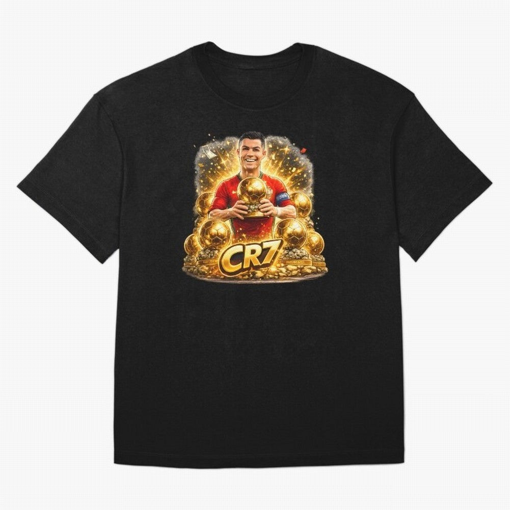 CR7 Five Ballon d'Or Trophies Cartoon ¨C Football Legend Illustration Oversized T-Shirt Discover FIFA World Cup 2026 USA Canada Mexico Spirit, Inspired by France and Portugal, Neymar, Haaland and Cristiano Ronaldo, Football Festival Excitement,