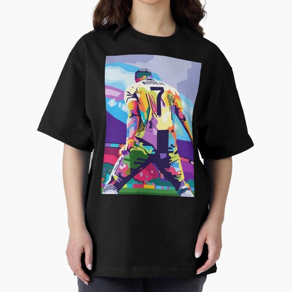 Cristiano Ronaldo Celebration Wpap Pop Art Oversized T-Shirt Honor the Football Icons of the FIFA World Cup 2026 Group Stage Journey through Messi and Cristiano Ronaldo Highlights, Spain Pride, Championship Spirit, Famous Goals, Roaring Crowds and