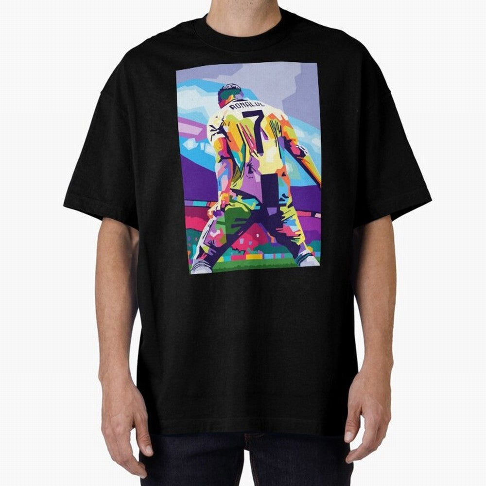 Cristiano Ronaldo Celebration Wpap Pop Art Oversized T-Shirt Honor the Football Icons of the FIFA World Cup 2026 Group Stage Journey through Messi and Cristiano Ronaldo Highlights, Spain Pride, Championship Spirit, Famous Goals, Roaring Crowds and
