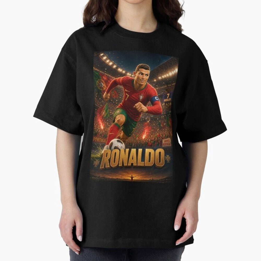 Ronaldo Oversized T-Shirt Live the Energy of Global Football Passion for FIFA World Cup 2026 Group Stage, Highlighting Cristiano Ronaldo, Brazil, Vintage Soccer Flavor, Modern Football Stars, National Flags and Final Night Emotion; Created for