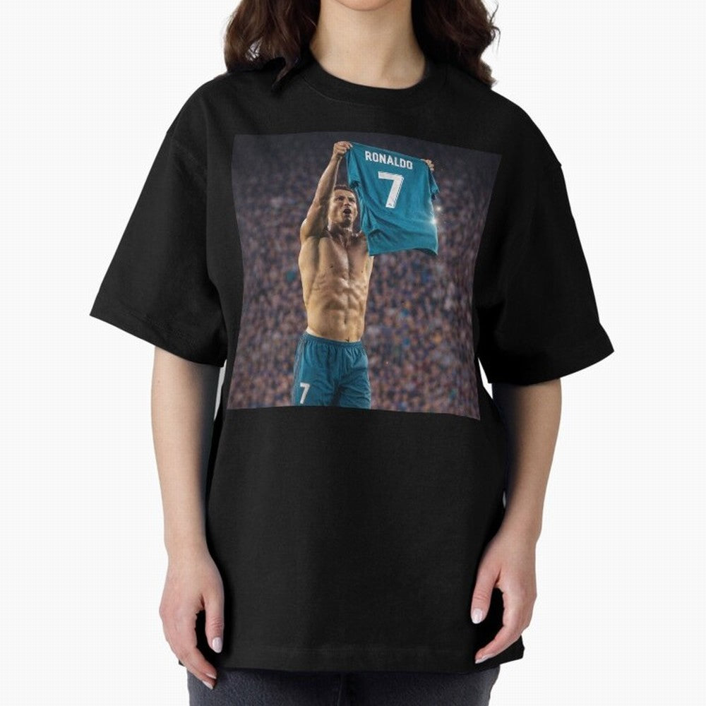 Ronaldo Holding Number Seven Shirt Oversized T-Shirt Showcase the FIFA World Cup 2026 USA Canada Mexico Journey through CR7 and Messi Highlights, Germany Pride, Football Passion, Legendary Performances, Festival Vibes and Supporter Community;