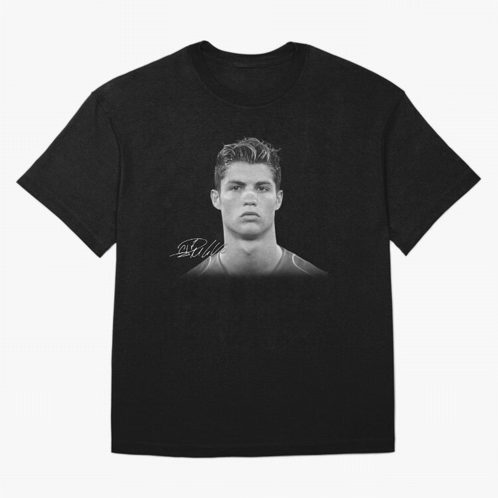 Cristiano Ronaldo T-Shirt Big Face Young Ronaldo - Black and White Oversized T-Shirt Celebrate Fan Culture around FIFA World Cup 2026 USA Canada Mexico Spirit, Celebrating Argentina, France and Brazil, Messi, CR7 and Mbappe, Classic Soccer