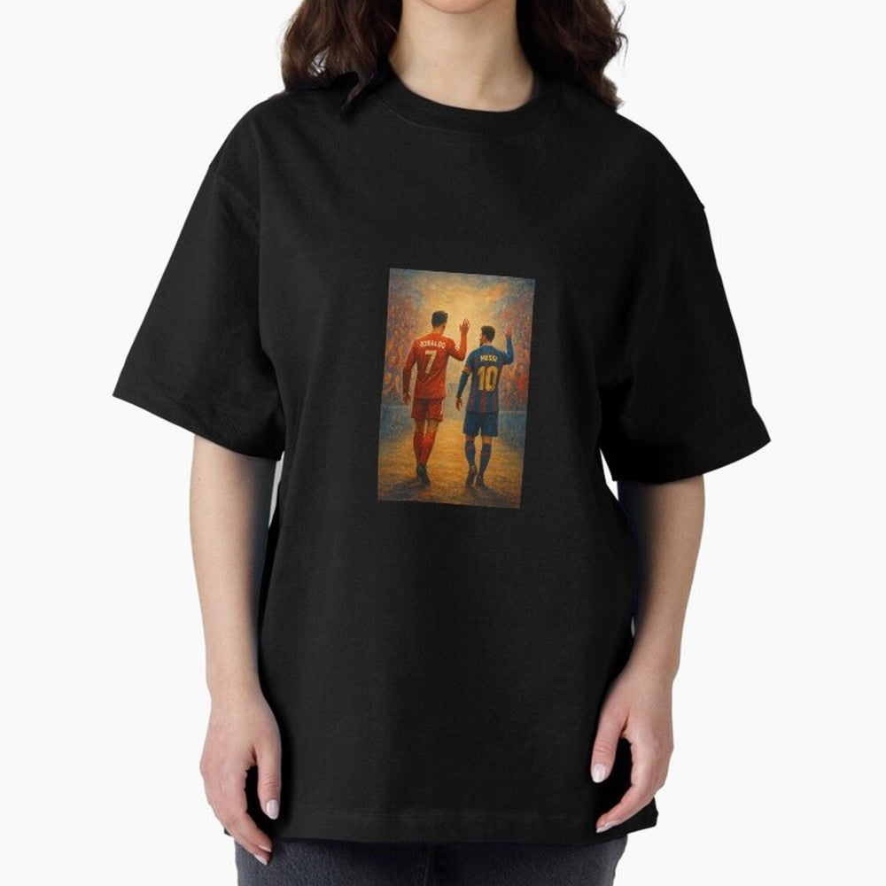 Cristiano Ronaldo and Messi Art Sticker Oversized T-Shirt Get Ready for the FIFA World Cup 2026 Journey through CR7 Highlights, England and Germany Pride, Tournament Hype, Historic Matchups, Family Viewing Parties and Global Sports Pride; Perfect