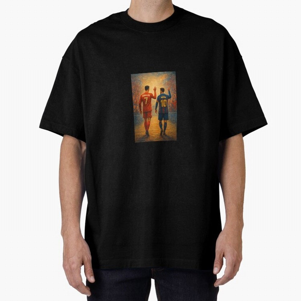 Cristiano Ronaldo and Messi Art Sticker Oversized T-Shirt Get Ready for the FIFA World Cup 2026 Journey through CR7 Highlights, England and Germany Pride, Tournament Hype, Historic Matchups, Family Viewing Parties and Global Sports Pride; Perfect