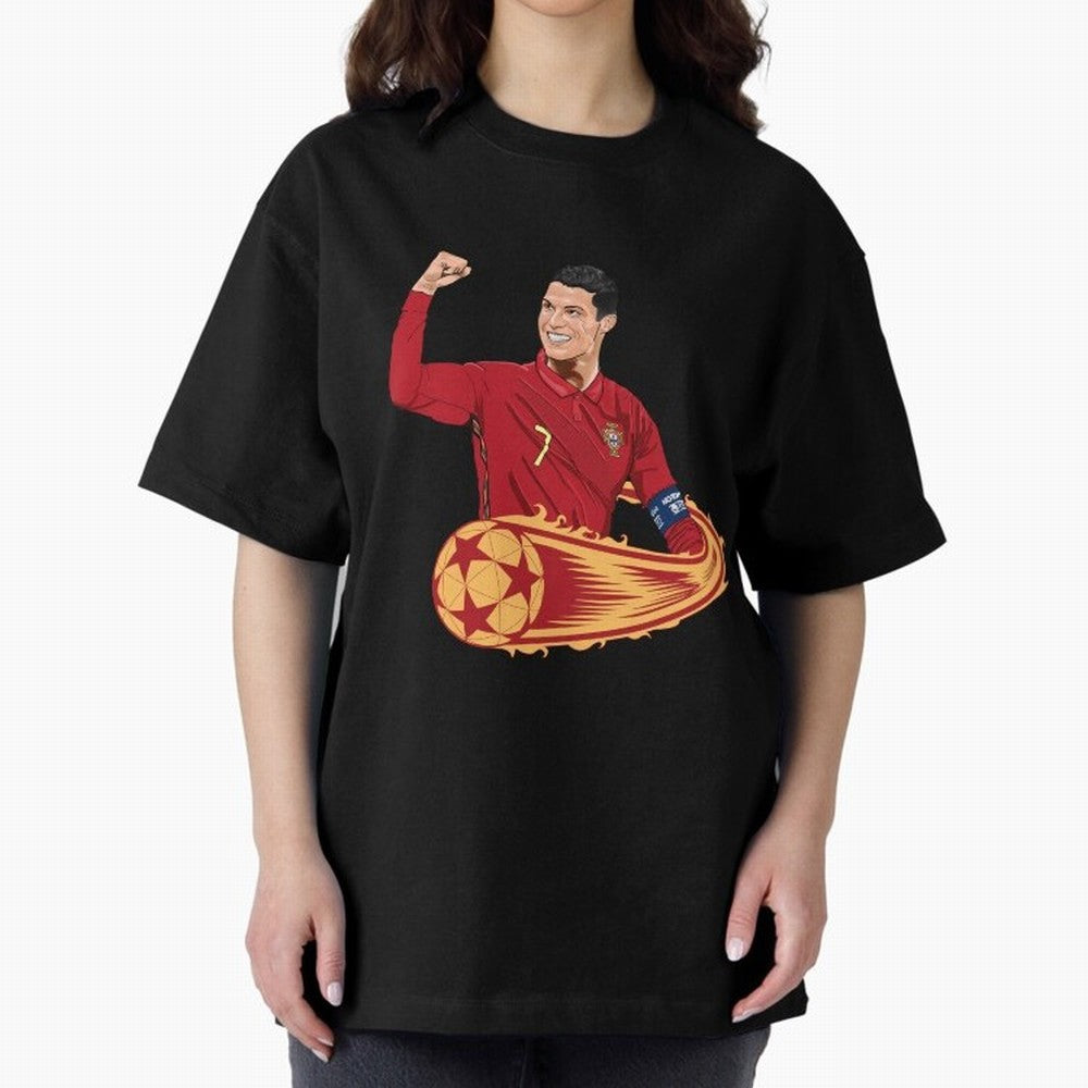 Cristiano Ronaldo drawing Oversized T-Shirt Mark Global Football Passion for FIFA World Cup 2026 USA Canada Mexico, Inspired by Messi, Spain and Netherlands, Champion Mindset, Group Stage Buzz, Knockout Tension and Passionate Fan Culture; Perfect