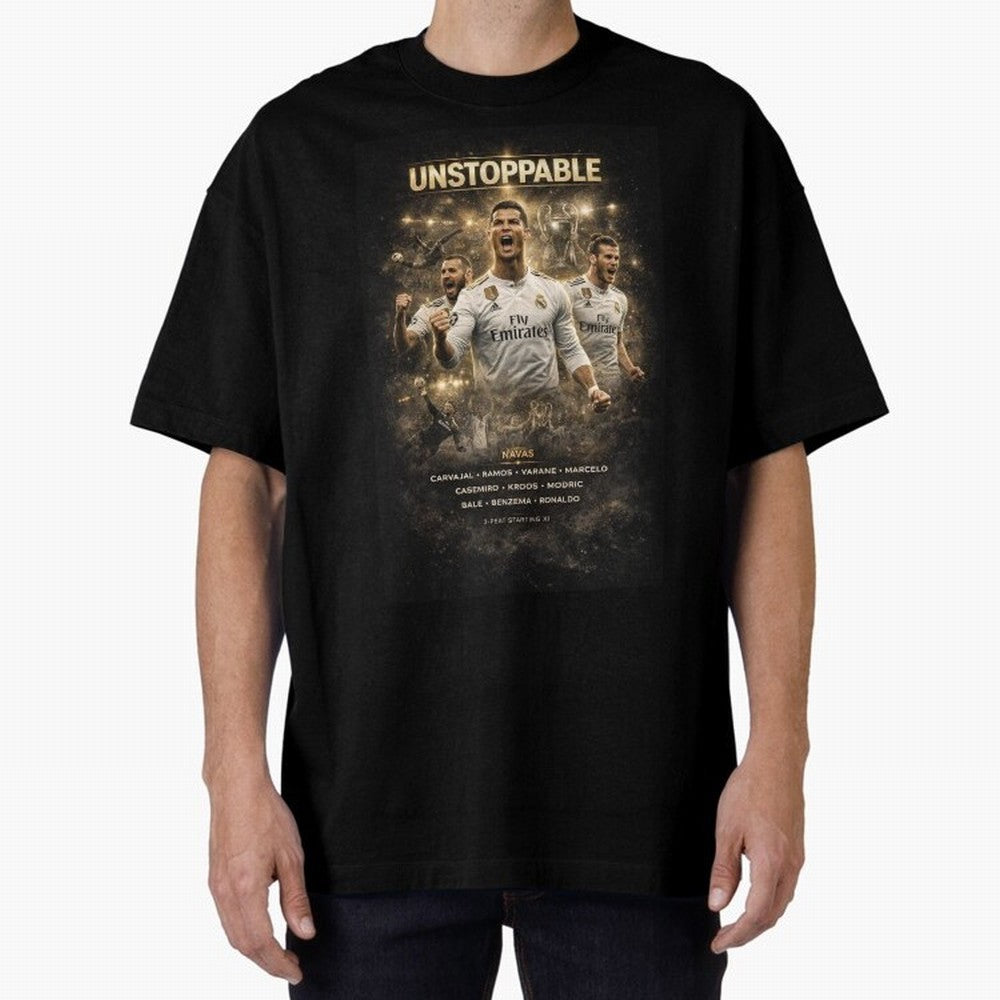 Unstoppable - Real Madrid Oversized T-Shirt Celebrate Classic Football Spirit in Global Football Passion for FIFA World Cup 2026 Group Stage, Built around CR7 and Messi, France, Football Festival Excitement, Trophy Ambitions, Country Rivalries and