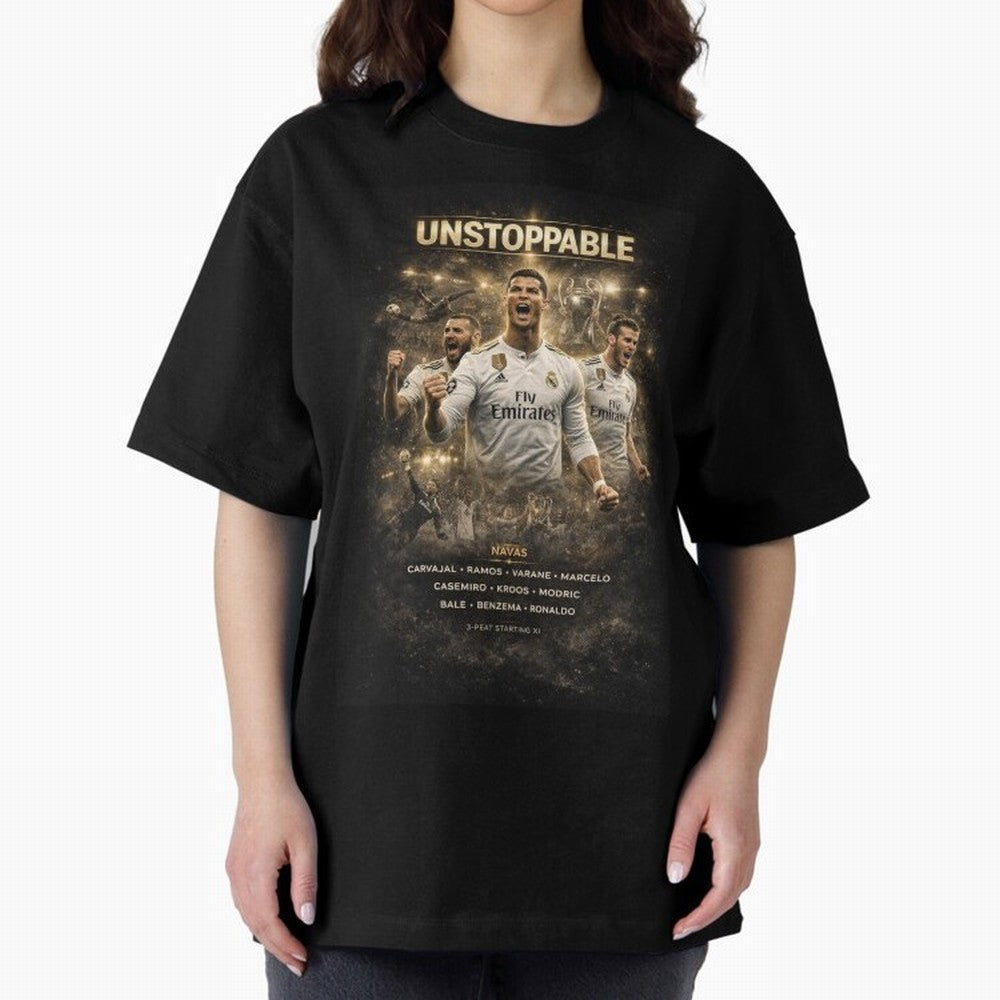 Unstoppable - Real Madrid Oversized T-Shirt Celebrate Classic Football Spirit in Global Football Passion for FIFA World Cup 2026 Group Stage, Built around CR7 and Messi, France, Football Festival Excitement, Trophy Ambitions, Country Rivalries and