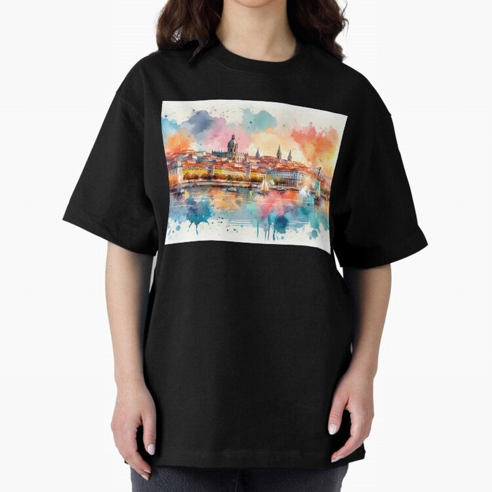 Lisbon cityscape with sailboats Oversized T-Shirt Honor Champions and Dreams in FIFA World Cup 2026 USA Canada Mexico Connected to Messi and Cristiano Ronaldo, Argentina and Brazil Energy, Championship Spirit, Famous Goals, Roaring Crowds and
