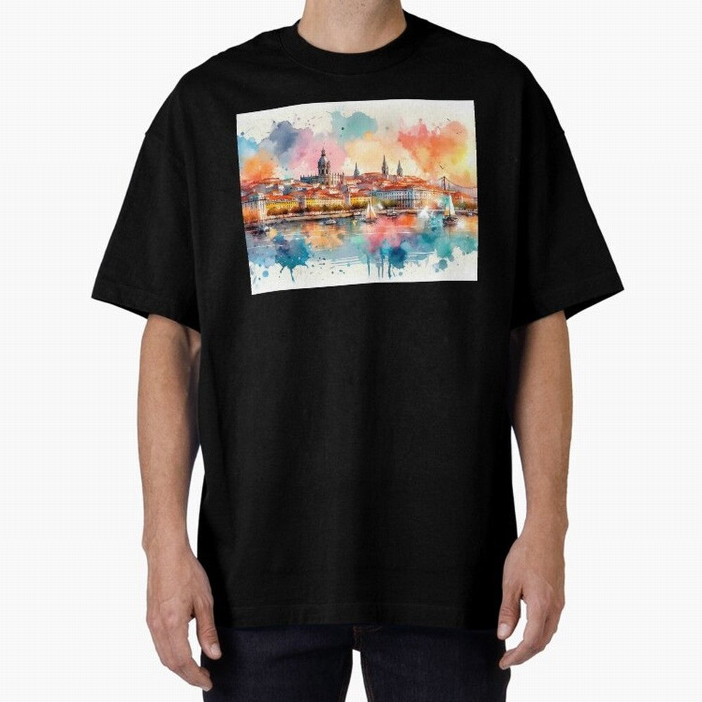 Lisbon cityscape with sailboats Oversized T-Shirt Honor Champions and Dreams in FIFA World Cup 2026 USA Canada Mexico Connected to Messi and Cristiano Ronaldo, Argentina and Brazil Energy, Championship Spirit, Famous Goals, Roaring Crowds and