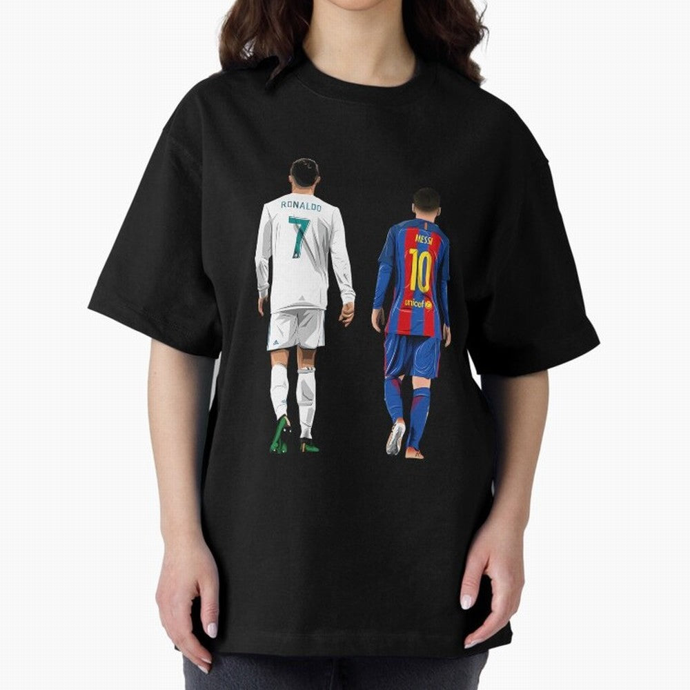 Cristiano Ronaldo And Messi Oversized T-Shirt Celebrate Football Heritage in Global Football Passion for FIFA World Cup 2026 USA Canada Mexico, with Cristiano Ronaldo, Haaland and CR7, Spain, Worldwide Fan Energy, Dramatic Goals, Stadium Lights and