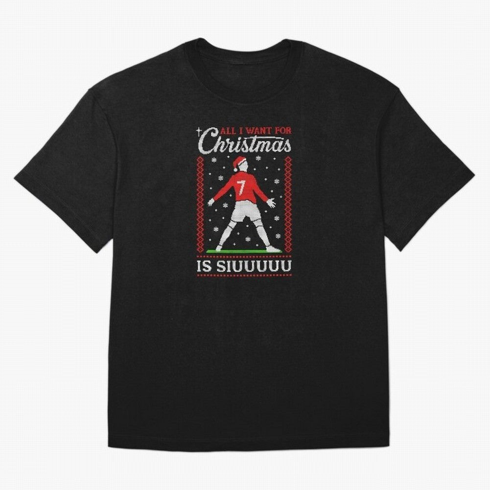 All I Want For Christmas Is Siuu Funny Christmas Festive Knitted Oversized T-Shirt Celebrate Global Passion for Global Football Passion for FIFA World Cup 2026 Group Stage, Featuring Messi and Cristiano Ronaldo, England, Football Passion, Legendary