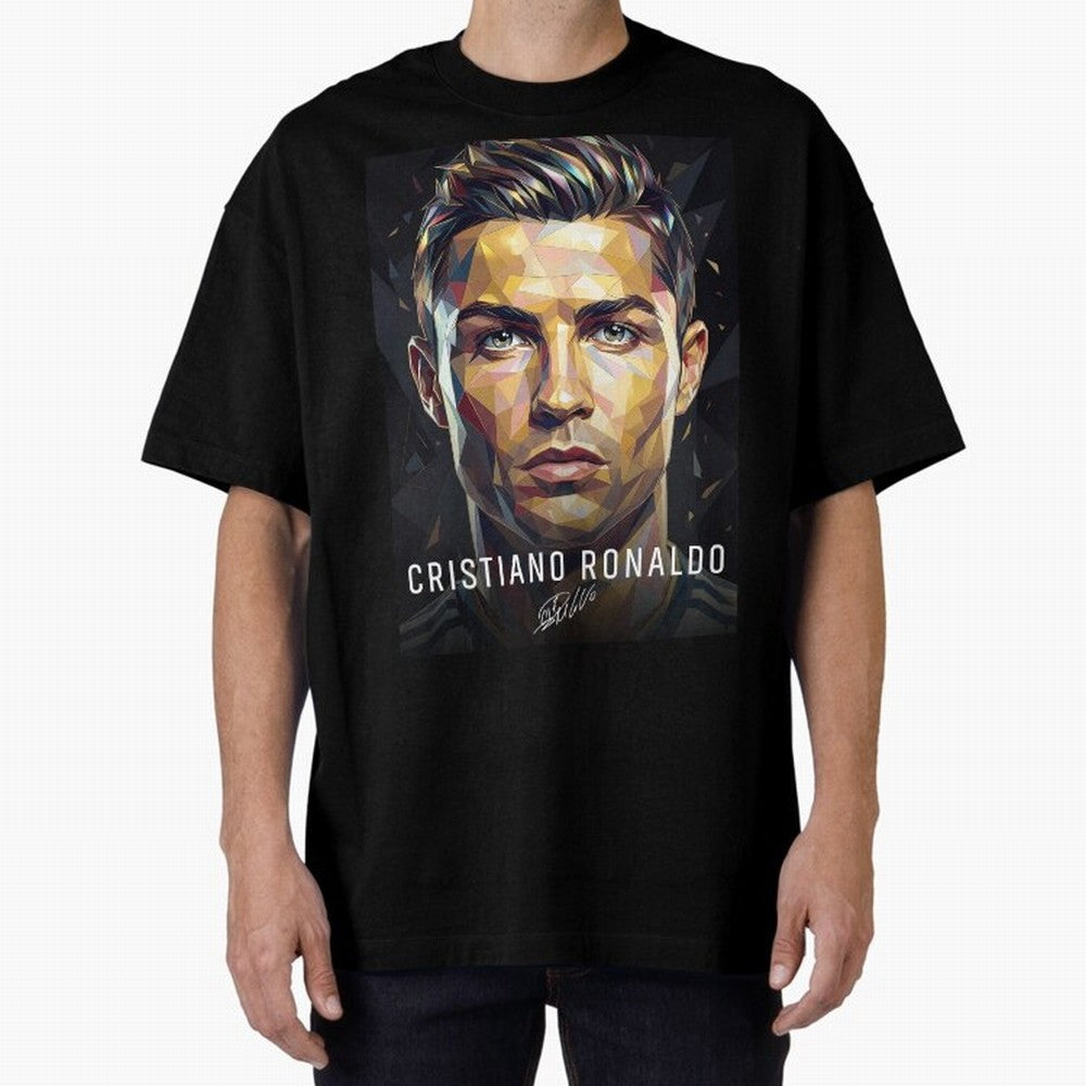Cristiano Ronaldo Geometric Low Poly Soccer Legend Oversized T-Shirt Celebrate Soccer Greatness during Match Day Hype around FIFA World Cup 2026, Messi, Brazil, Vintage Soccer Flavor, Modern Football Stars, National Flags and Final Night Emotion;