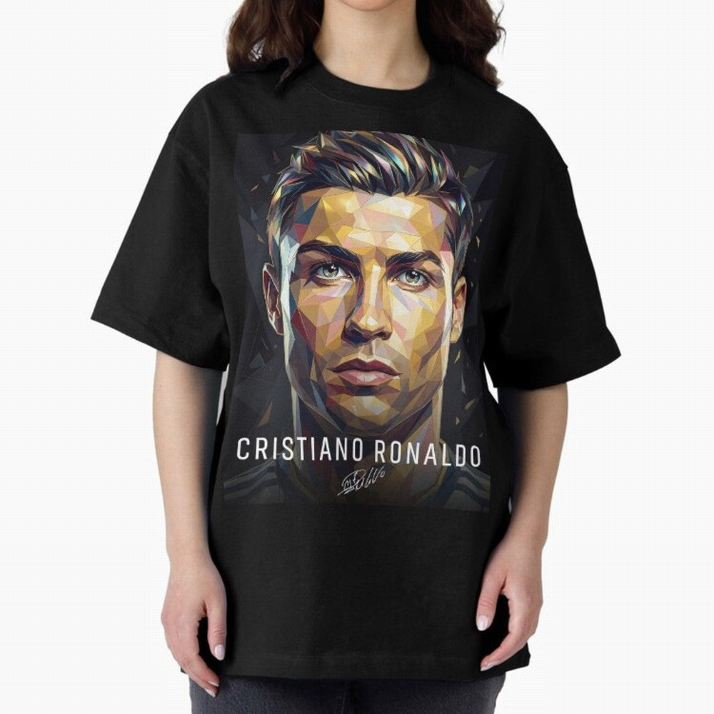 Cristiano Ronaldo Geometric Low Poly Soccer Legend Oversized T-Shirt Celebrate Soccer Greatness during Match Day Hype around FIFA World Cup 2026, Messi, Brazil, Vintage Soccer Flavor, Modern Football Stars, National Flags and Final Night Emotion;