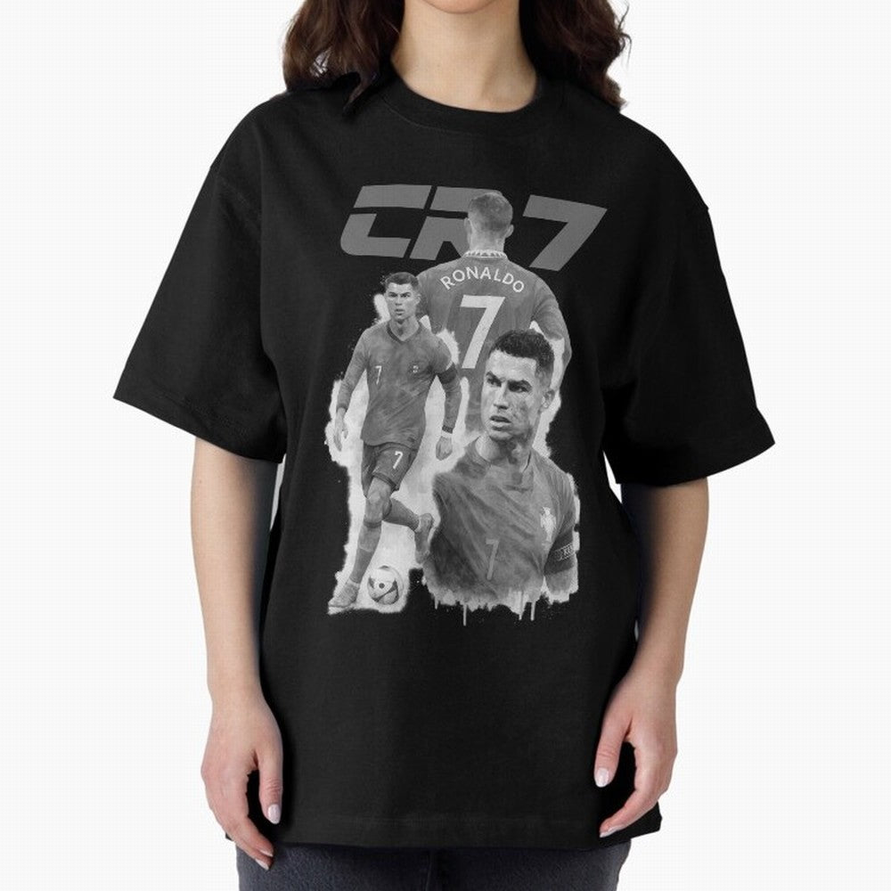 CR7 Cristiano Ronaldo illustration ink black white watercolour Oversized T-Shirt Bring Retro Soccer Energy to the FIFA World Cup 2026 USA Canada Mexico Journey through Mbappe and Neymar Highlights, England Pride, Tournament Hype, Historic Matchups,