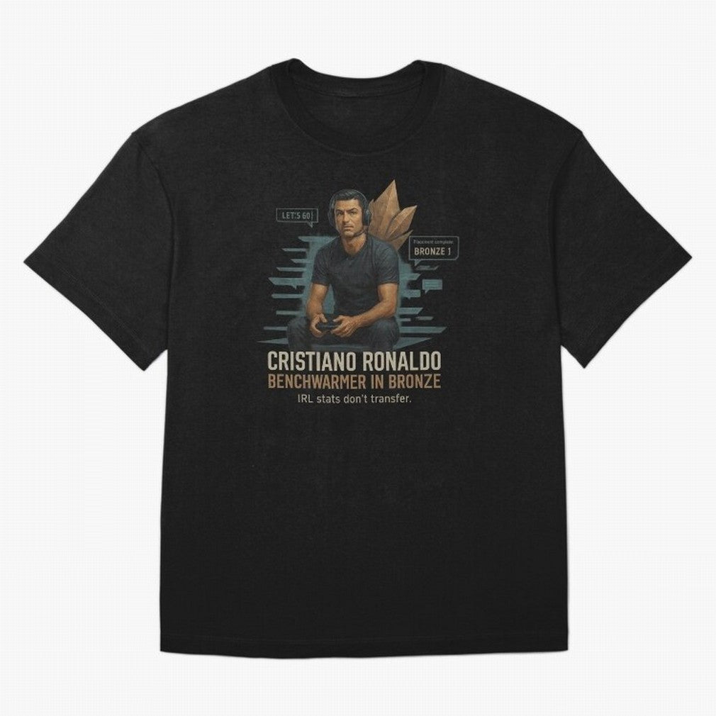 Cristiano Ronaldo Bronze Gamer ¨C Benchwarmers IRL Stats Don¡¯t Transfer Oversized T-Shirt Turn Every Weekend Toward FIFA World Cup 2026 Filled with Messi, Brazil Energy, Retro Football Energy, Iconic Rivalries, Trophy Chase Drama and Stadium