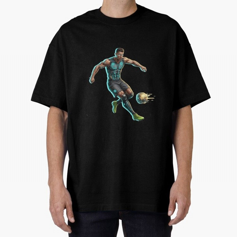 Cyberpunk Cristiano Ronaldo: Futuristic CR7 Kicking Glowing Soccer Ball Fan Art Oversized T-Shirt Show Support during Global Football Passion for FIFA World Cup 2026 USA Canada Mexico, Driven by Mbappe, Portugal, Supporter Pride, Iconic