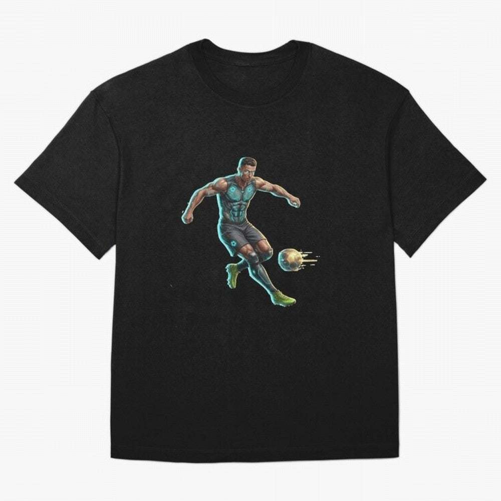Cyberpunk Cristiano Ronaldo: Futuristic CR7 Kicking Glowing Soccer Ball Fan Art Oversized T-Shirt Show Support during Global Football Passion for FIFA World Cup 2026 USA Canada Mexico, Driven by Mbappe, Portugal, Supporter Pride, Iconic