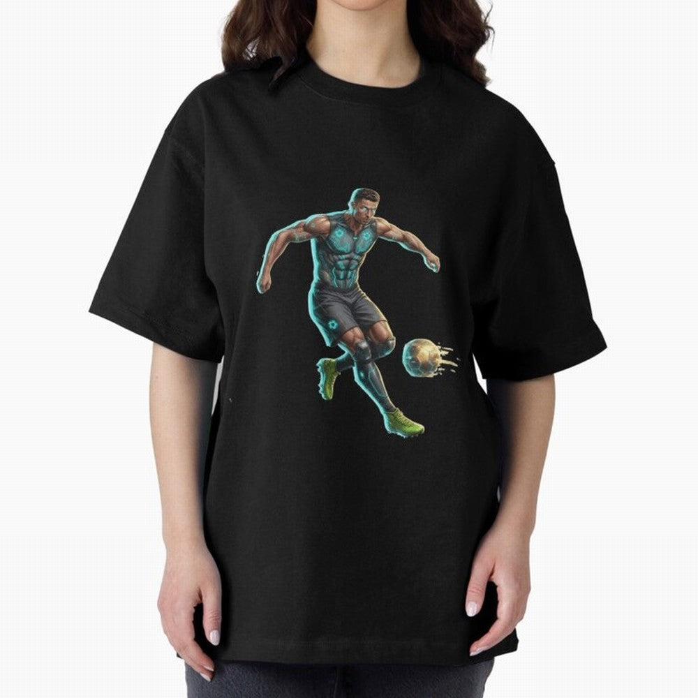 Cyberpunk Cristiano Ronaldo: Futuristic CR7 Kicking Glowing Soccer Ball Fan Art Oversized T-Shirt Show Support during Global Football Passion for FIFA World Cup 2026 USA Canada Mexico, Driven by Mbappe, Portugal, Supporter Pride, Iconic