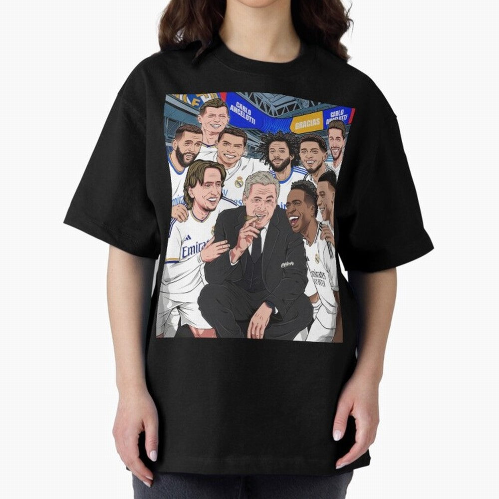 Carlo Ancelotti and Real Madrid Players Oversized T-Shirt Cheer for FIFA World Cup 2026 Group Stage for Fans of Haaland and Brazil, Portugal and Argentina, Bringing Football History, Final Match Energy, Crowd Noise and Once in a Lifetime Moments;