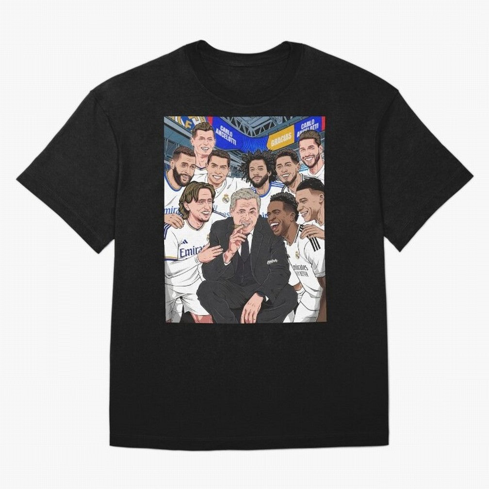 Carlo Ancelotti and Real Madrid Players Oversized T-Shirt Cheer for FIFA World Cup 2026 Group Stage for Fans of Haaland and Brazil, Portugal and Argentina, Bringing Football History, Final Match Energy, Crowd Noise and Once in a Lifetime Moments;