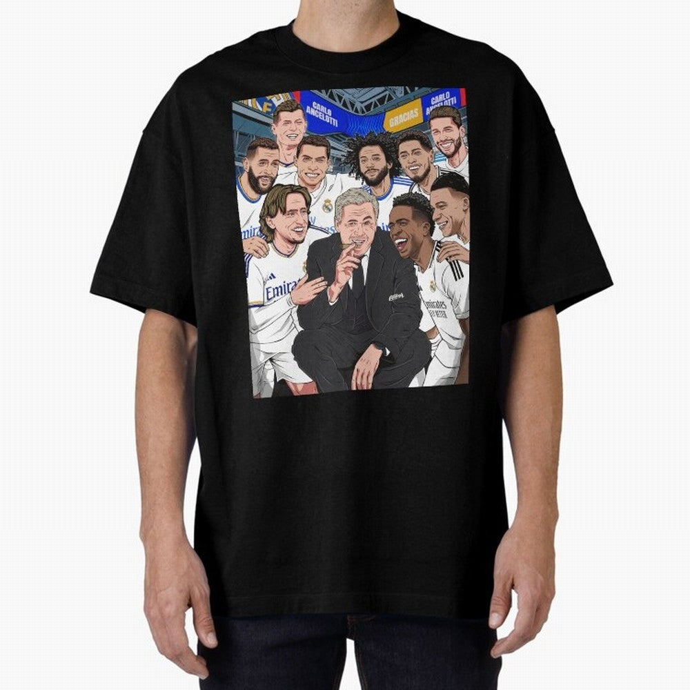 Carlo Ancelotti and Real Madrid Players Oversized T-Shirt Cheer for FIFA World Cup 2026 Group Stage for Fans of Haaland and Brazil, Portugal and Argentina, Bringing Football History, Final Match Energy, Crowd Noise and Once in a Lifetime Moments;