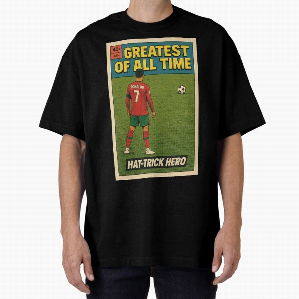 CR7 Comic Oversized T-Shirt Feel the Trophy Chase of FIFA World Cup 2026 for Fans of Messi and Argentina, France and Brazil, Bringing Sports Nostalgia, International Competition, Famous Players and Unforgettable Victories; Ideal for Fans Who Follow