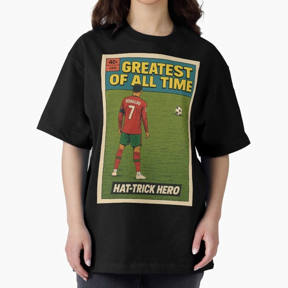 CR7 Comic Oversized T-Shirt Feel the Trophy Chase of FIFA World Cup 2026 for Fans of Messi and Argentina, France and Brazil, Bringing Sports Nostalgia, International Competition, Famous Players and Unforgettable Victories; Ideal for Fans Who Follow