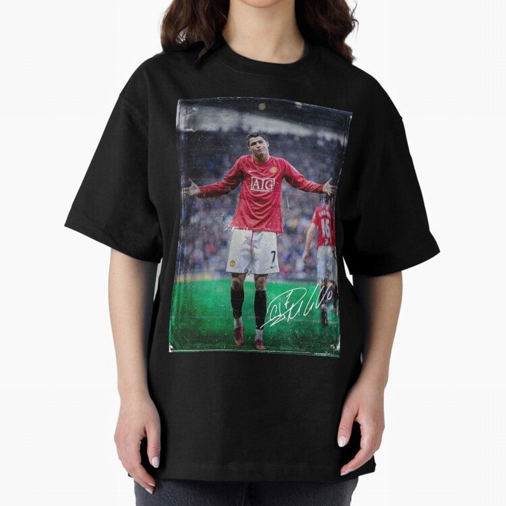 Cristiano Ronaldo Oversized T-Shirt Celebrate Fan Culture around Match Day Hype around FIFA World Cup 2026 Group Stage, Messi and Cristiano Ronaldo, Netherlands, Championship Spirit, Famous Goals, Roaring Crowds and International Football Unity;