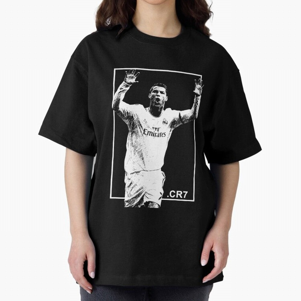 Cristiano Ronaldo CR7 in Black and White Design Oversized T-Shirt Get Ready for the FIFA World Cup 2026 USA Canada Mexico Journey through Mbappe and Neymar Highlights, Brazil, Portugal and Argentina Pride, Classic Soccer Heritage, Championship