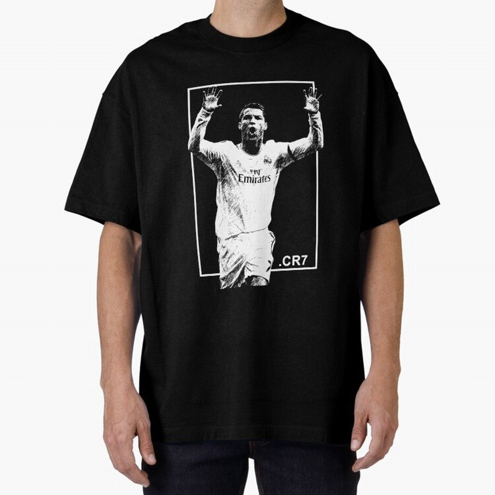 Cristiano Ronaldo CR7 in Black and White Design Oversized T-Shirt Get Ready for the FIFA World Cup 2026 USA Canada Mexico Journey through Mbappe and Neymar Highlights, Brazil, Portugal and Argentina Pride, Classic Soccer Heritage, Championship