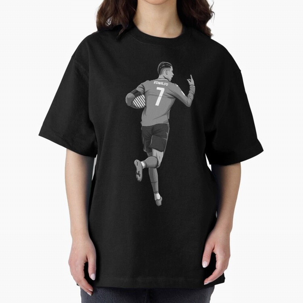 Cristiano Ronaldo Black and White Version Oversized T-Shirt Honor Football Greatness during the FIFA World Cup 2026 Journey through Cristiano Ronaldo, Haaland and CR7 Highlights, Portugal, Spain and Germany Pride, Sports Nostalgia, International