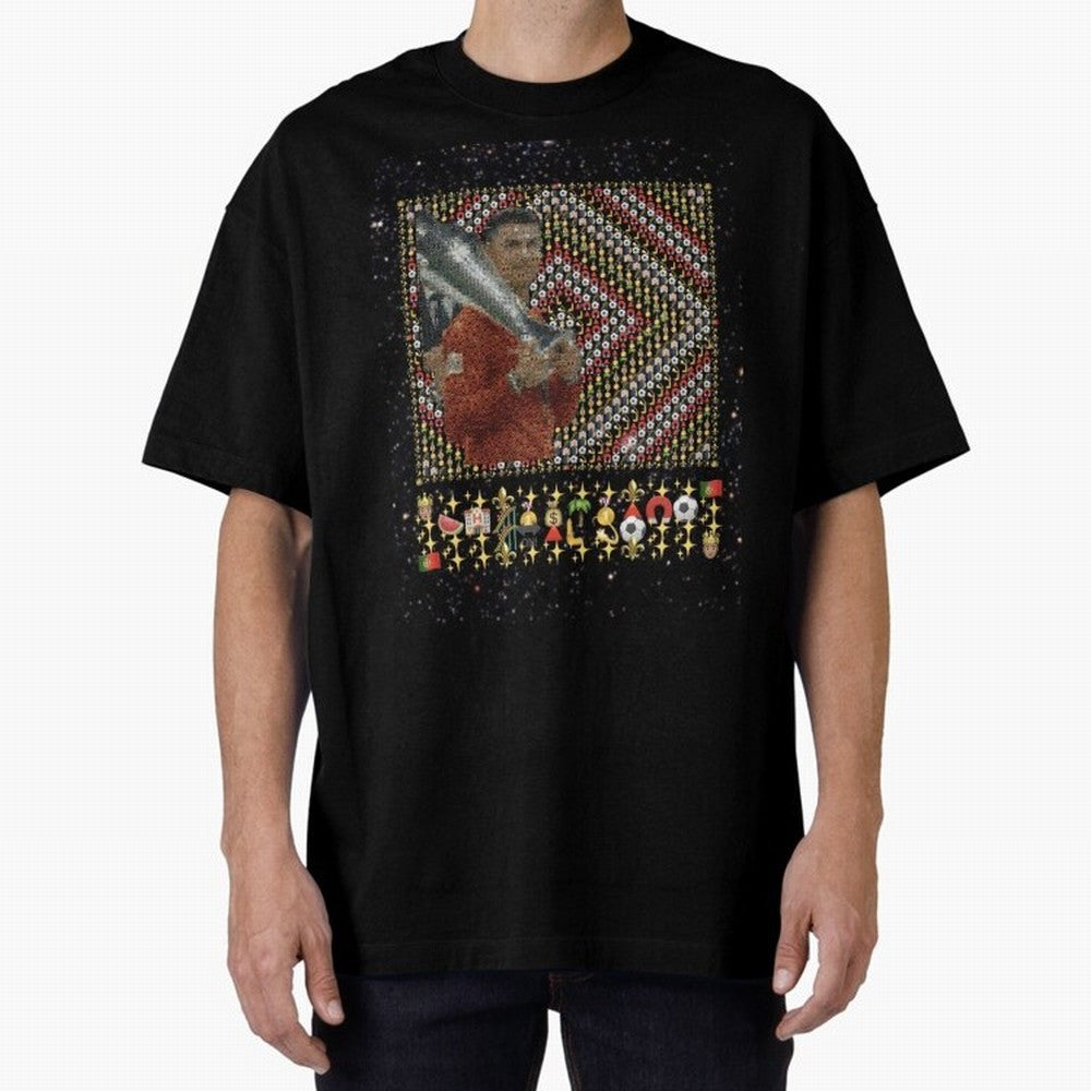 Iconic Emojified Football Legend Holding Victory Trophy | Inspired Art Oversized T-Shirt Cheer for Match Day Hype around FIFA World Cup 2026 USA Canada Mexico, Cristiano Ronaldo, Haaland and CR7, Argentina, Sports Nostalgia, International