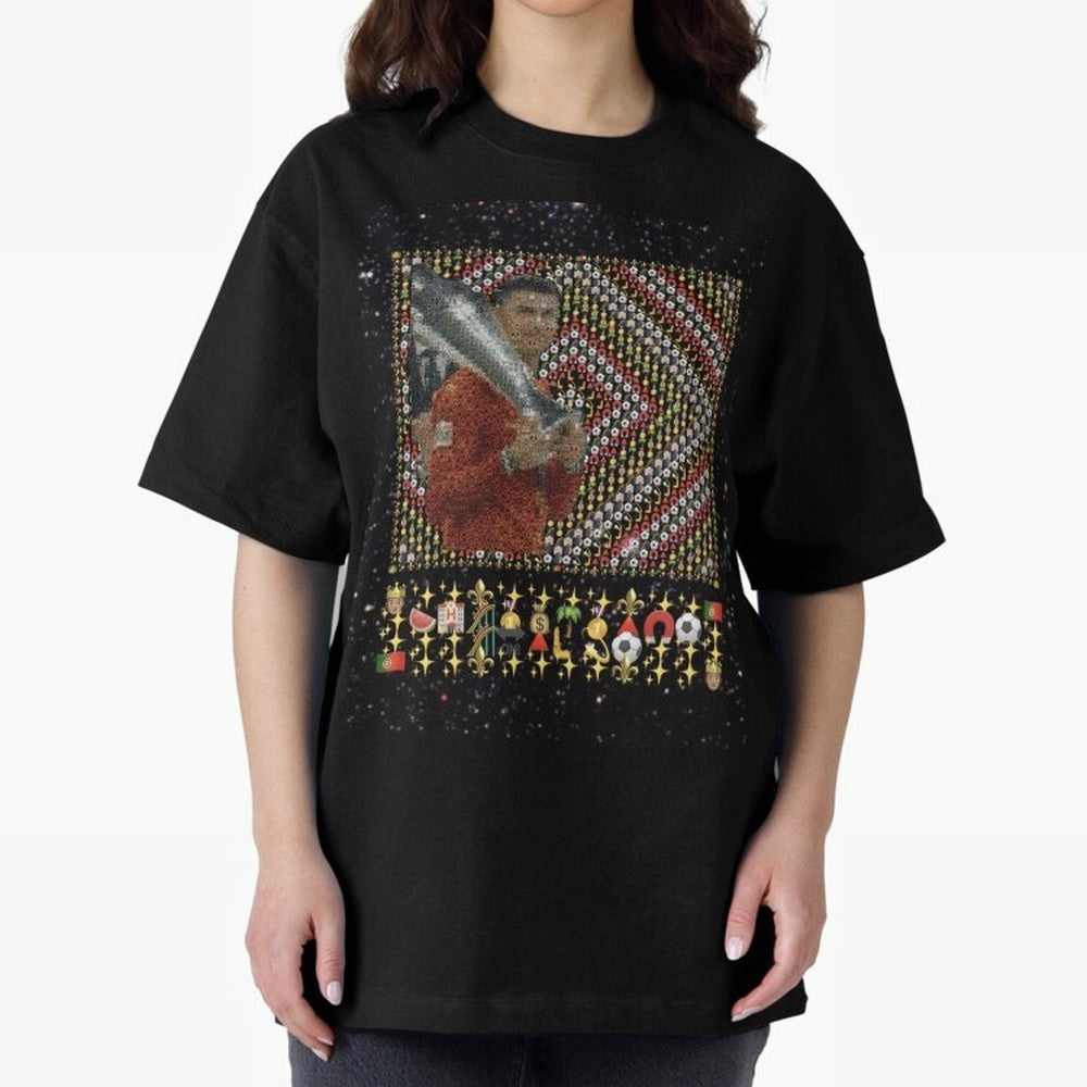 Iconic Emojified Football Legend Holding Victory Trophy | Inspired Art Oversized T-Shirt Cheer for Match Day Hype around FIFA World Cup 2026 USA Canada Mexico, Cristiano Ronaldo, Haaland and CR7, Argentina, Sports Nostalgia, International