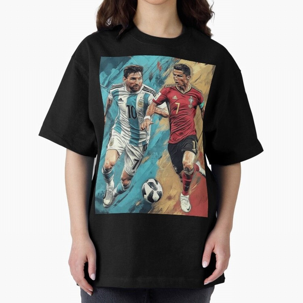 Lionel Messi and Cristiano Ronaldo Oversized T-Shirt Honor the Beautiful Game during FIFA World Cup 2026 for Fans of Cristiano Ronaldo and France and Portugal, Bringing Match Day Excitement, Supporter Culture, Golden Goals and Global Football