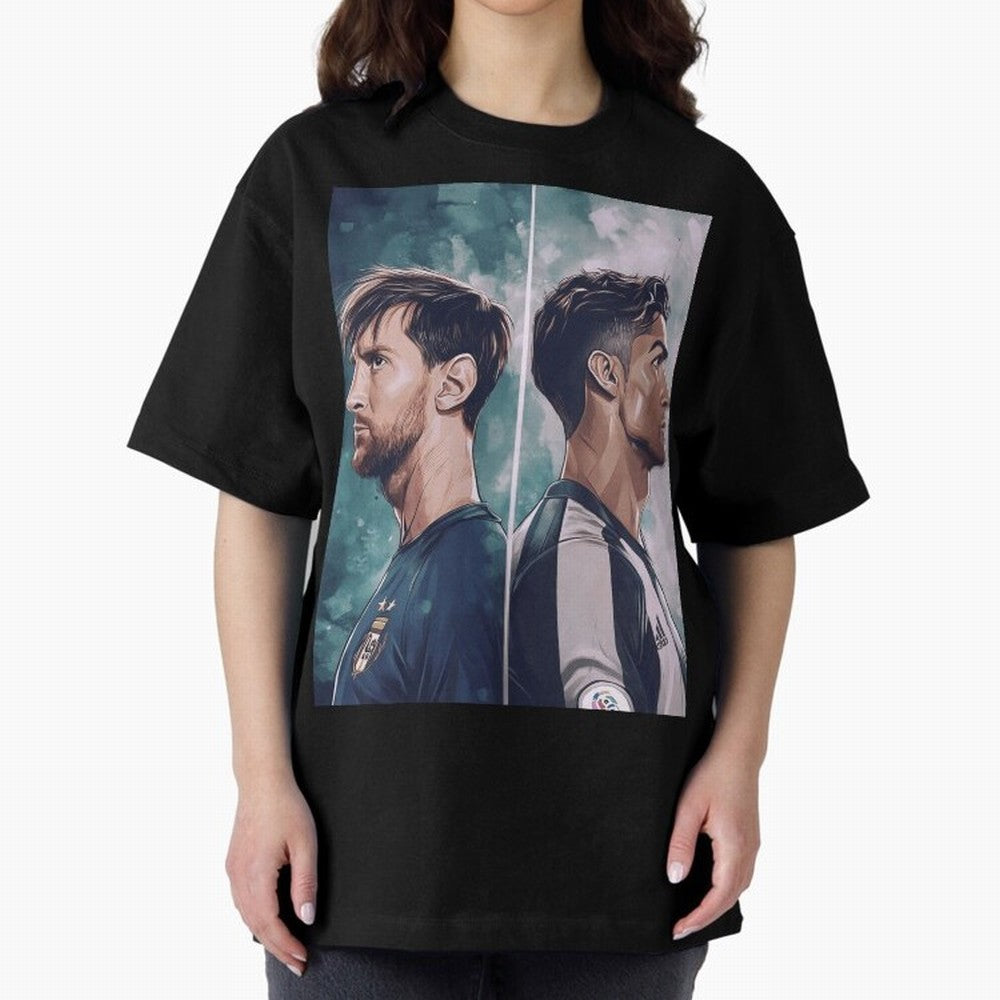 Lionel Messi and Cristiano Ronaldo Oversized T-Shirt Experience Global Football Passion for FIFA World Cup 2026 Group Stage, Built around Haaland and Mbappe, Portugal, Championship Spirit, Famous Goals, Roaring Crowds and International Football