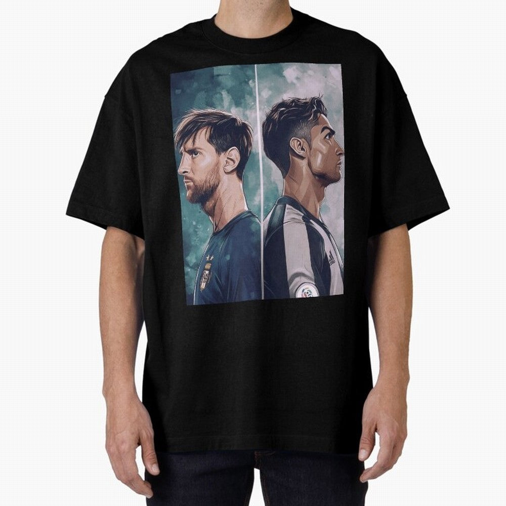 Lionel Messi and Cristiano Ronaldo Oversized T-Shirt Experience Global Football Passion for FIFA World Cup 2026 Group Stage, Built around Haaland and Mbappe, Portugal, Championship Spirit, Famous Goals, Roaring Crowds and International Football
