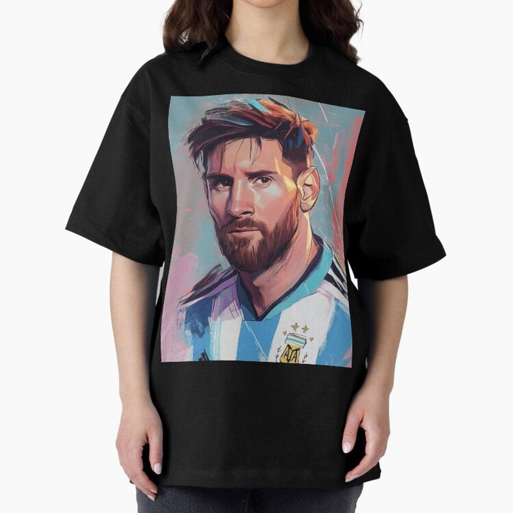 Lionel Messi Oversized T-Shirt Discover FIFA World Cup 2026 Group Stage Spirit, Capturing Argentina and Brazil, Messi, CR7 and Mbappe, Football Festival Excitement, Trophy Ambitions, Country Rivalries and Star Player Buzz; Created for Match Day