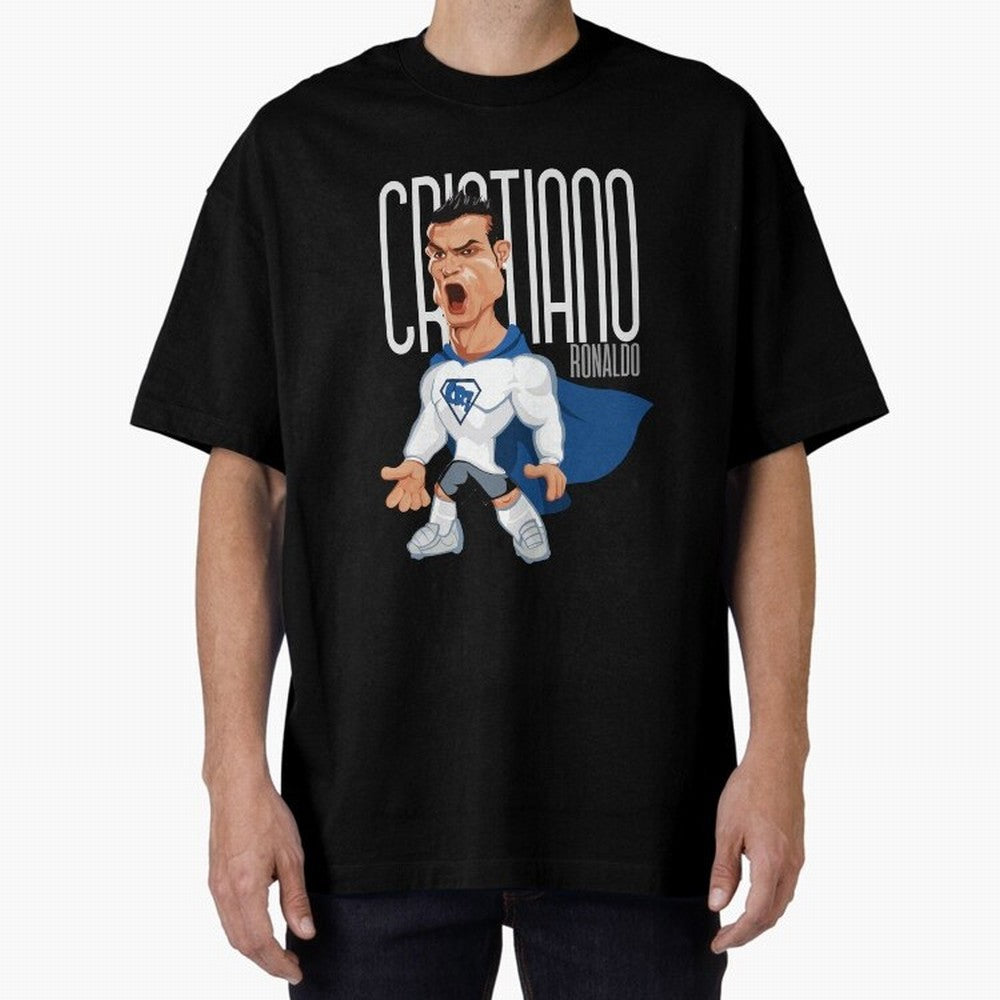 Commic Caricature of Cristiano Ronaldino 'CR7' Oversized T-Shirt Show Love for Legendary Goals in FIFA World Cup 2026 Group Stage Spirit, Capturing England, France and Netherlands, Haaland and Mbappe, Retro Football Energy, Iconic Rivalries, Trophy