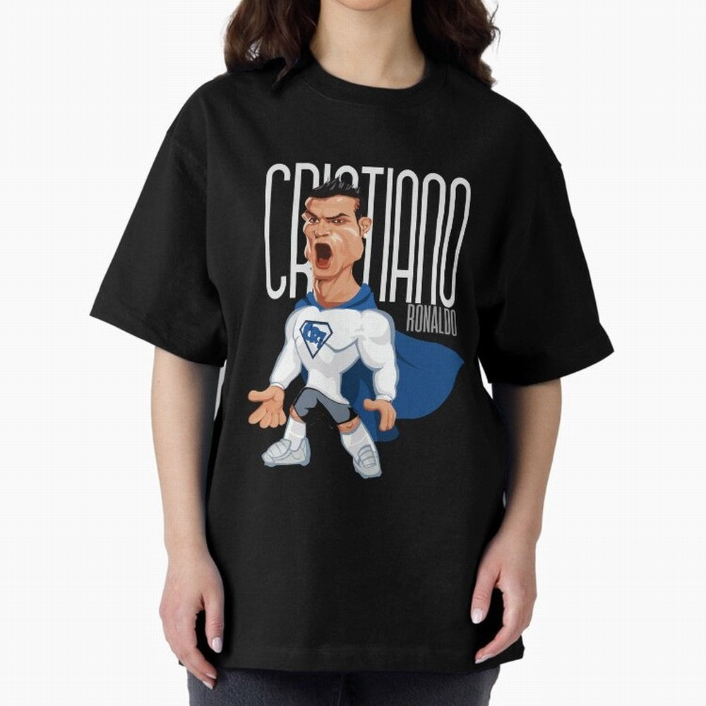 Commic Caricature of Cristiano Ronaldino 'CR7' Oversized T-Shirt Show Love for Legendary Goals in FIFA World Cup 2026 Group Stage Spirit, Capturing England, France and Netherlands, Haaland and Mbappe, Retro Football Energy, Iconic Rivalries, Trophy