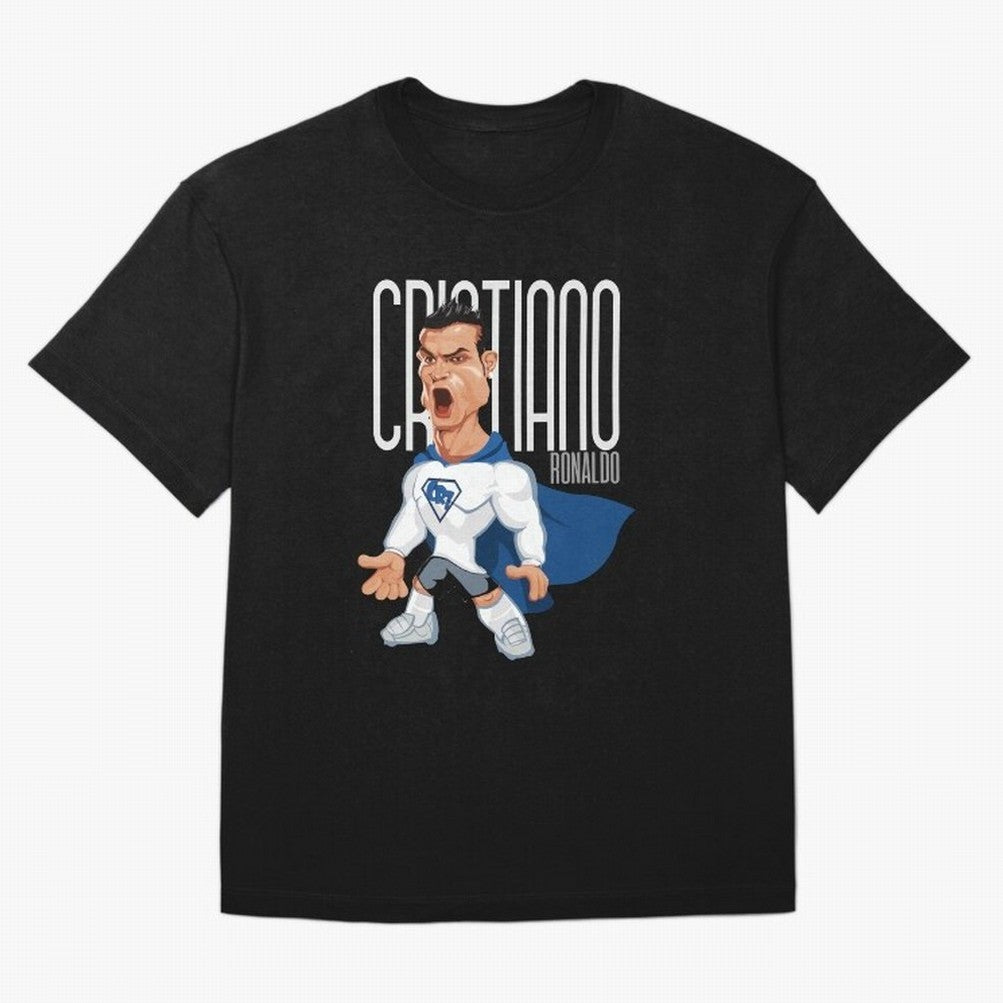 Commic Caricature of Cristiano Ronaldino 'CR7' Oversized T-Shirt Show Love for Legendary Goals in FIFA World Cup 2026 Group Stage Spirit, Capturing England, France and Netherlands, Haaland and Mbappe, Retro Football Energy, Iconic Rivalries, Trophy