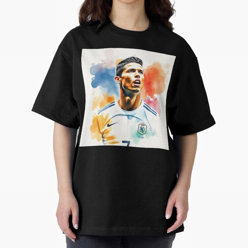 Cristiano Ronaldo Watercolor Panting Oversized T-Shirt Showcase Match Day Hype around FIFA World Cup 2026, Messi and Cristiano Ronaldo, France, Vintage Soccer Flavor, Modern Football Stars, National Flags and Final Night Emotion; Perfect for People