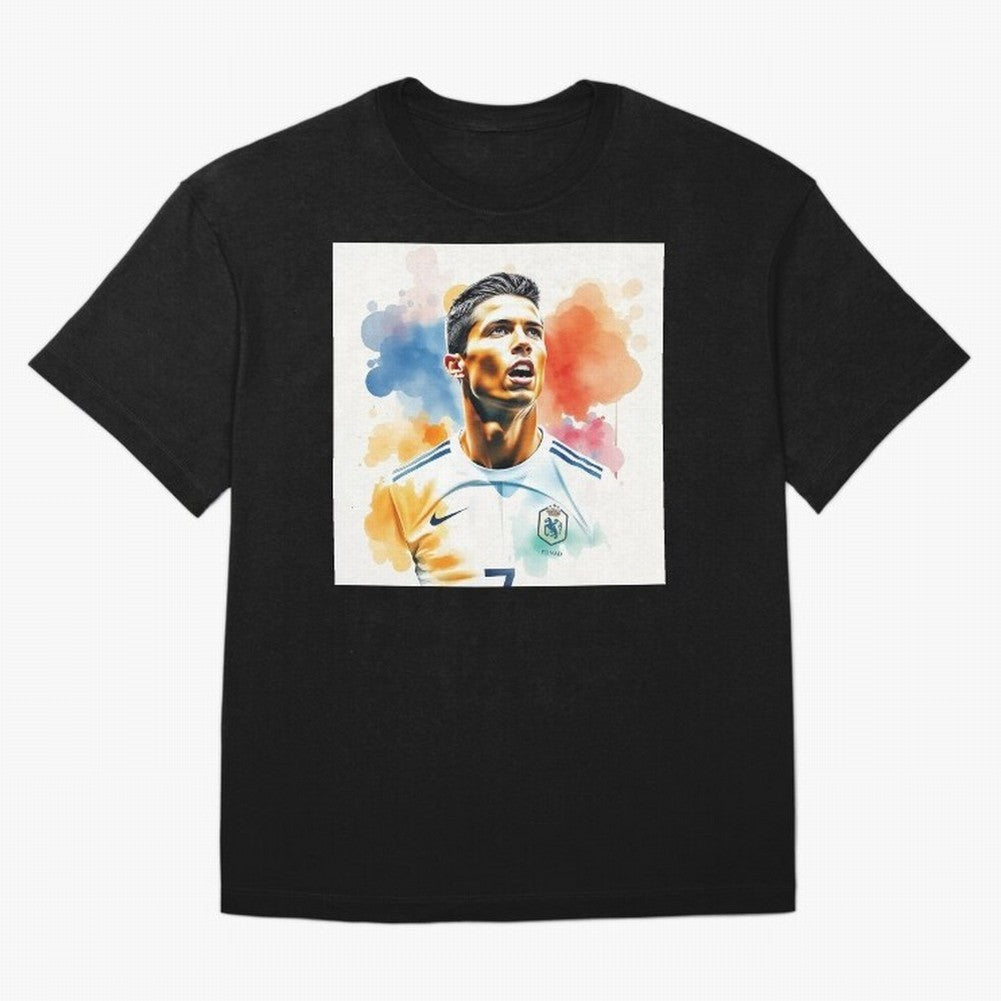 Cristiano Ronaldo Watercolor Panting Oversized T-Shirt Showcase Match Day Hype around FIFA World Cup 2026, Messi and Cristiano Ronaldo, France, Vintage Soccer Flavor, Modern Football Stars, National Flags and Final Night Emotion; Perfect for People
