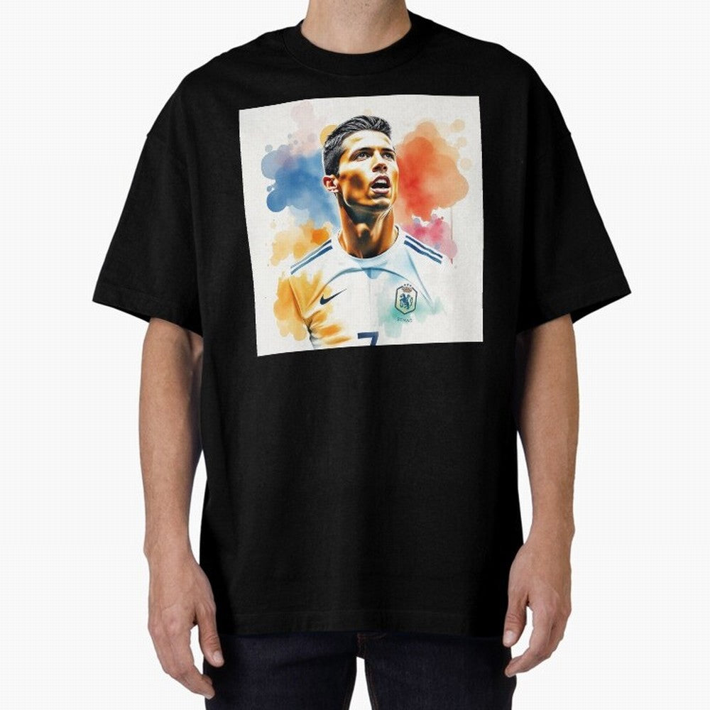 Cristiano Ronaldo Watercolor Panting Oversized T-Shirt Showcase Match Day Hype around FIFA World Cup 2026, Messi and Cristiano Ronaldo, France, Vintage Soccer Flavor, Modern Football Stars, National Flags and Final Night Emotion; Perfect for People
