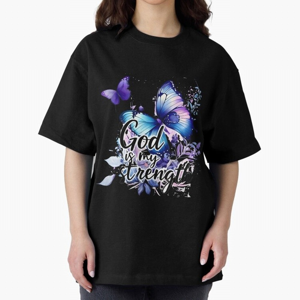 God is My Strength - Blue Butterfly Watercolor Art Oversized T-Shirt Celebrate the Biggest Stage of FIFA World Cup 2026 USA Canada Mexico with Cristiano Ronaldo, Spain and Netherlands Energy, Football Festival Excitement, Trophy Ambitions, Country