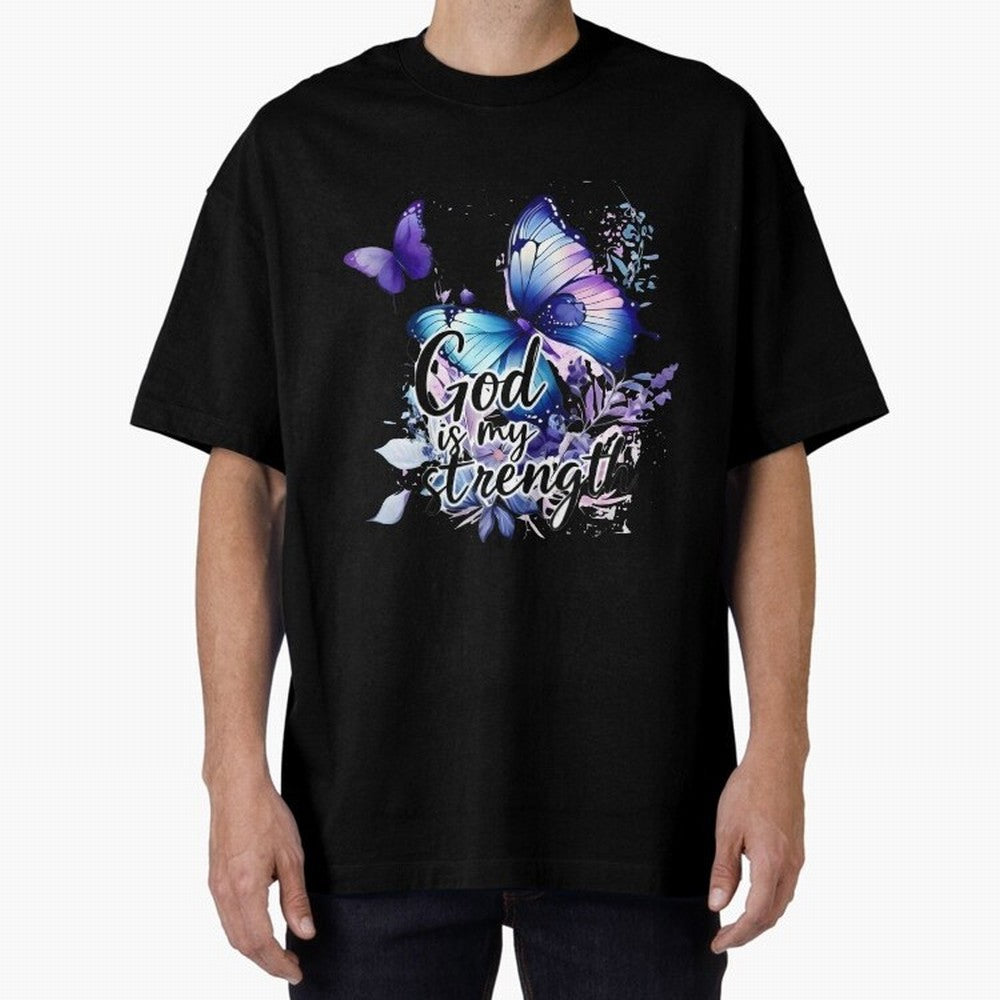 God is My Strength - Blue Butterfly Watercolor Art Oversized T-Shirt Celebrate the Biggest Stage of FIFA World Cup 2026 USA Canada Mexico with Cristiano Ronaldo, Spain and Netherlands Energy, Football Festival Excitement, Trophy Ambitions, Country