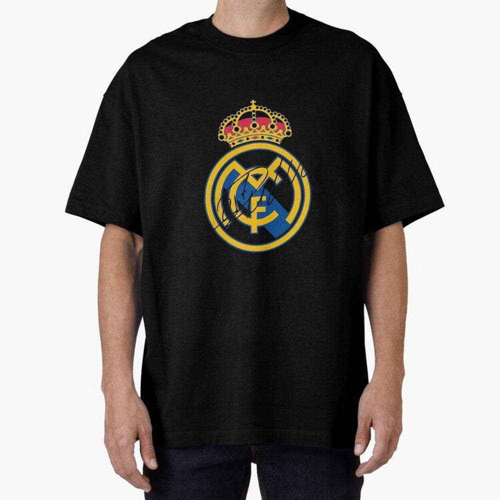 Real Madrid C.F. crest with Cristiano Ronaldo's autograph Oversized T-Shirt Support FIFA World Cup 2026 Group Stage Spirit, Built around Argentina and Brazil, Cristiano Ronaldo, Football Passion, Legendary Performances, Festival Vibes and Supporter